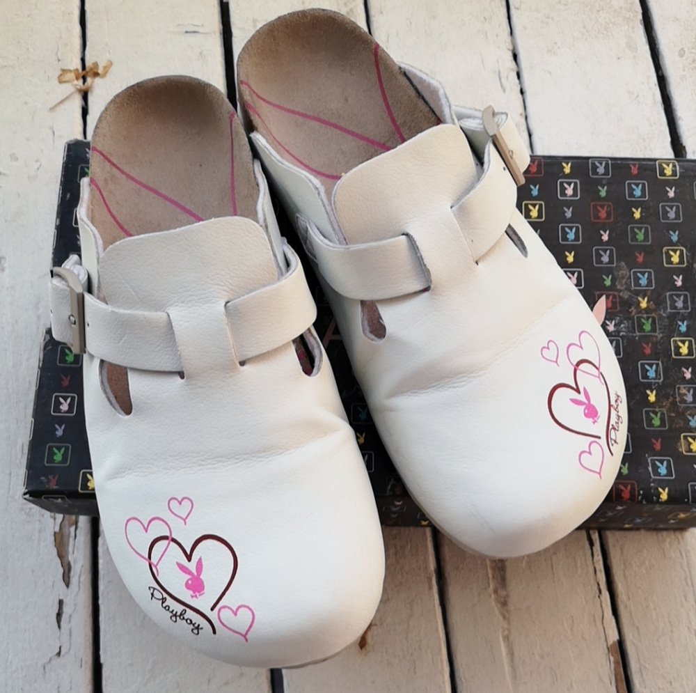 Playboy white leather clogs mules